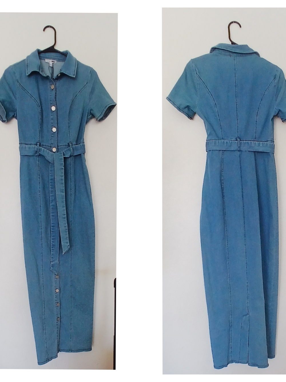 Fashion Nova Light Blue Denim Maxi Shirt Dress with Belt